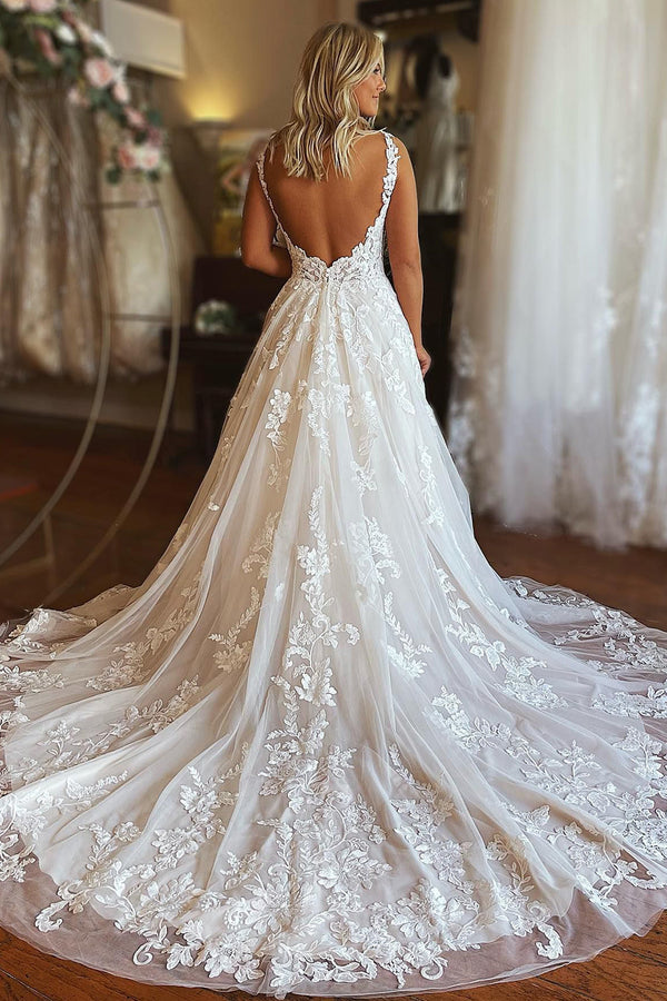 Luolandi Ivory V-Neck A-Line Tulle Wedding Dress Open Back Floor Length with Appliques Charming
